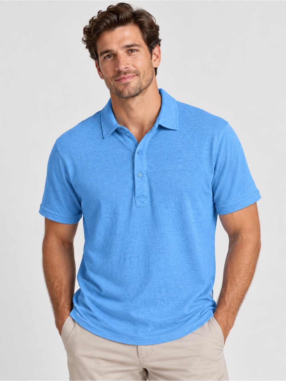 Orlebar Brown Mens Size L Tailored Fit Sky Blue Linen Knit Sebastian Polo Shirt
